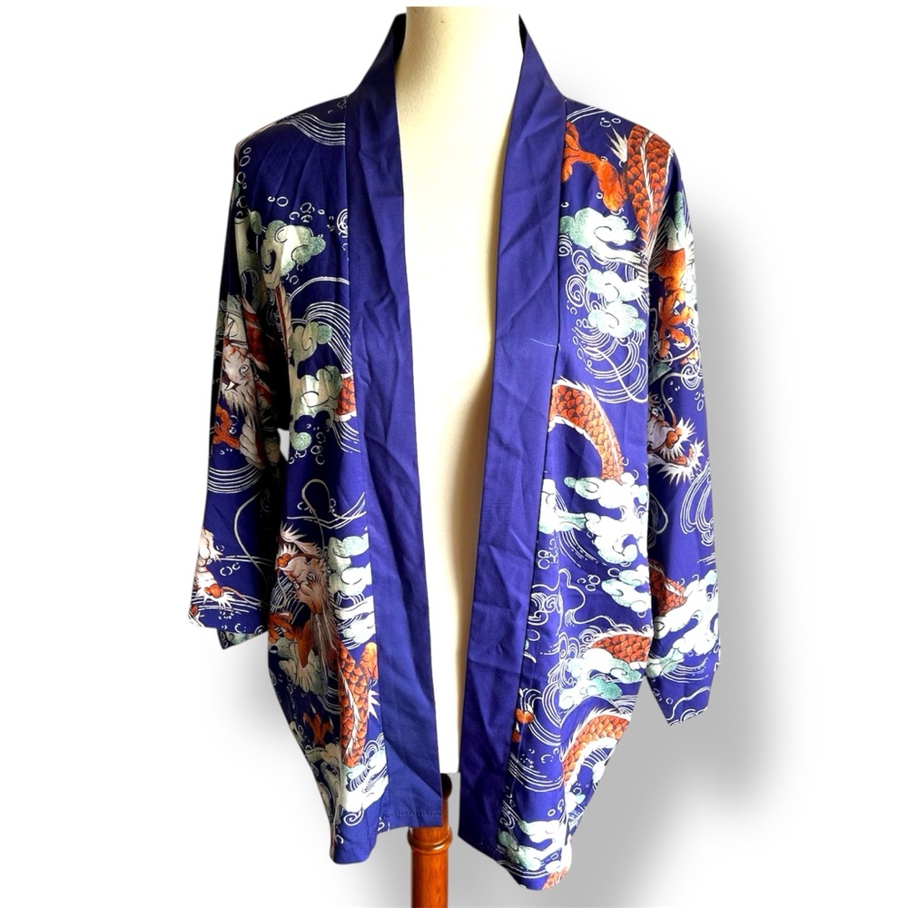 Unisex Dragon Kimono Robe Navy Blue Open Front OSFA Festival Layer Boho